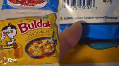 Image of instant ramen package with cancer warning label.