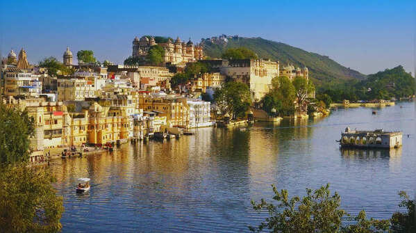 Udaipur's City Palace at sunset.