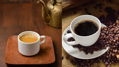 Woman pondering whether to drink tea or coffee