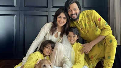 Riteish Deshmukh with his sons and Genelia D'Souza
